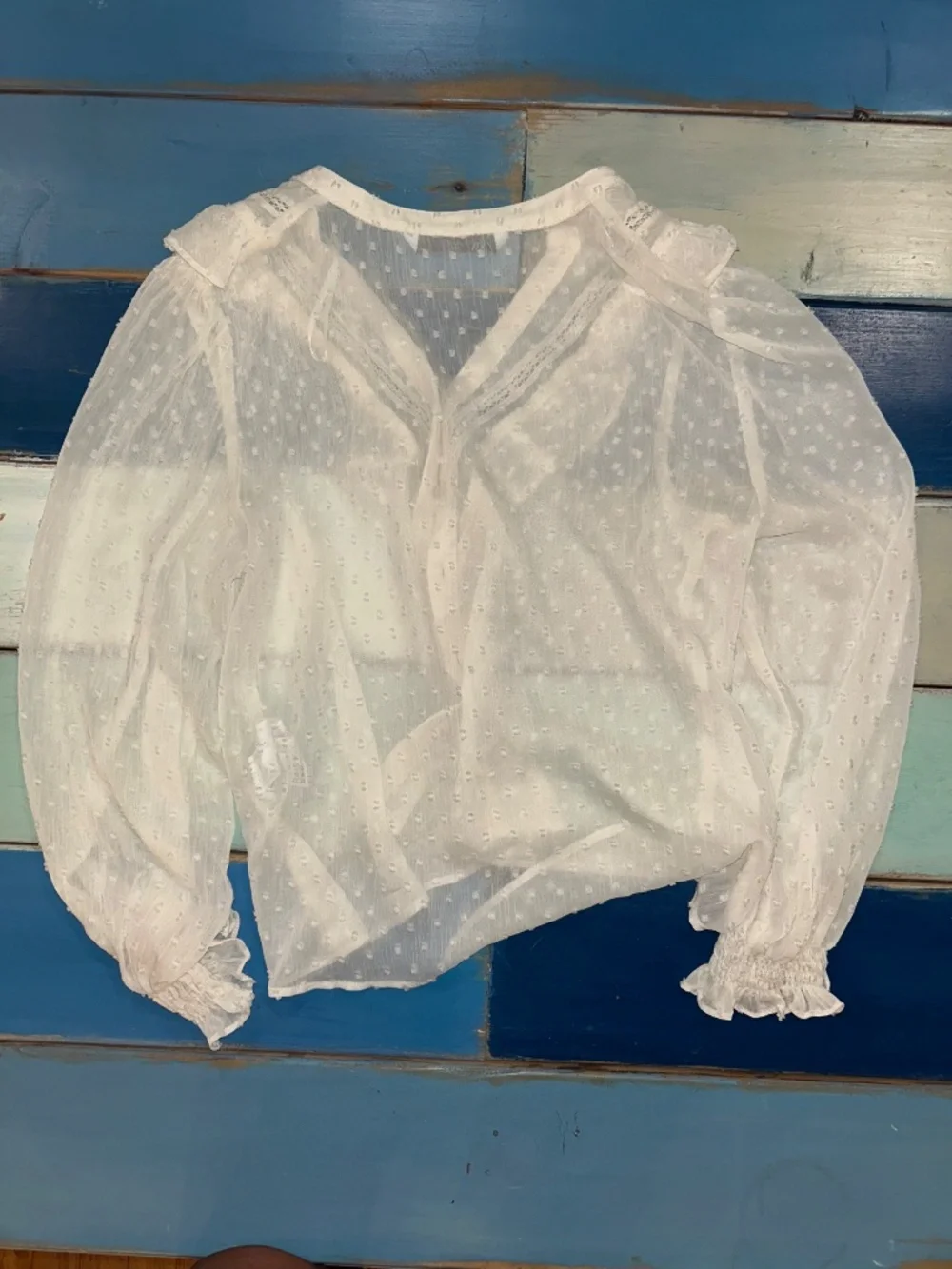 Zara White Swiss Dot Ruffle Blouse
